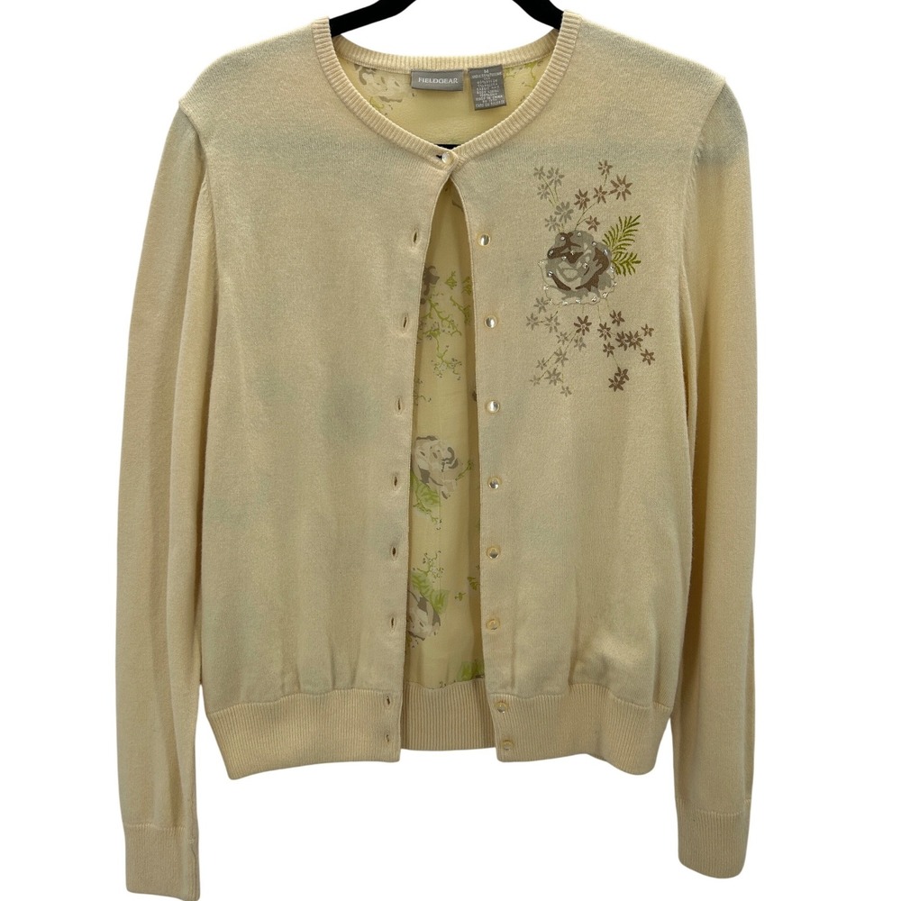 Womens Butter Yellow‎ Silk Blend Floral Embroidered Beaded Cardigan Sweater Med